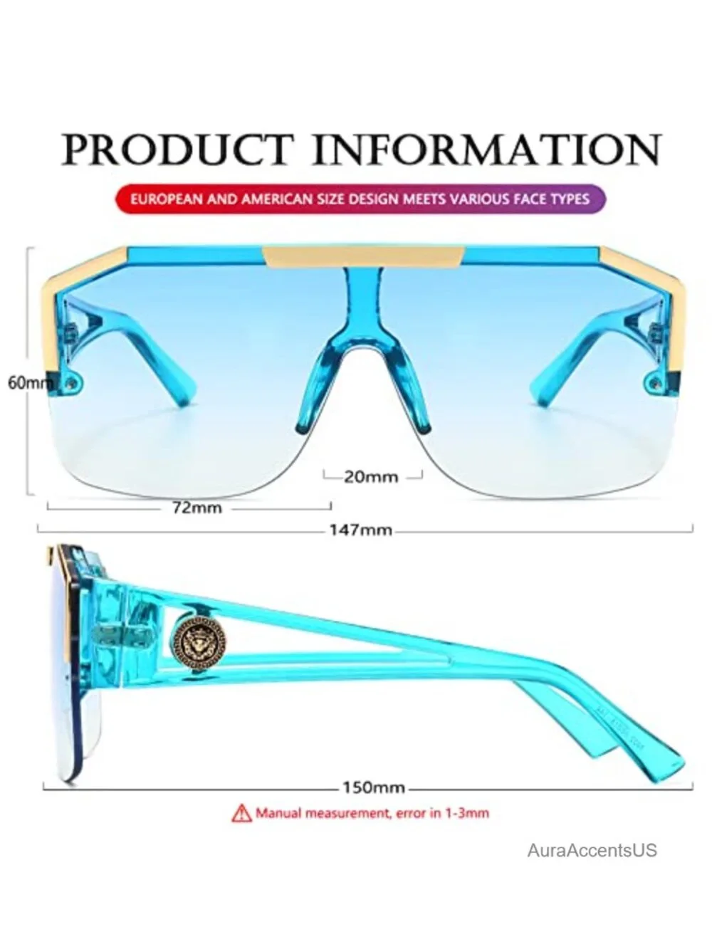 Oversized Square Shield Sunglasses Flat Top Retro Full Coverage UV Protection